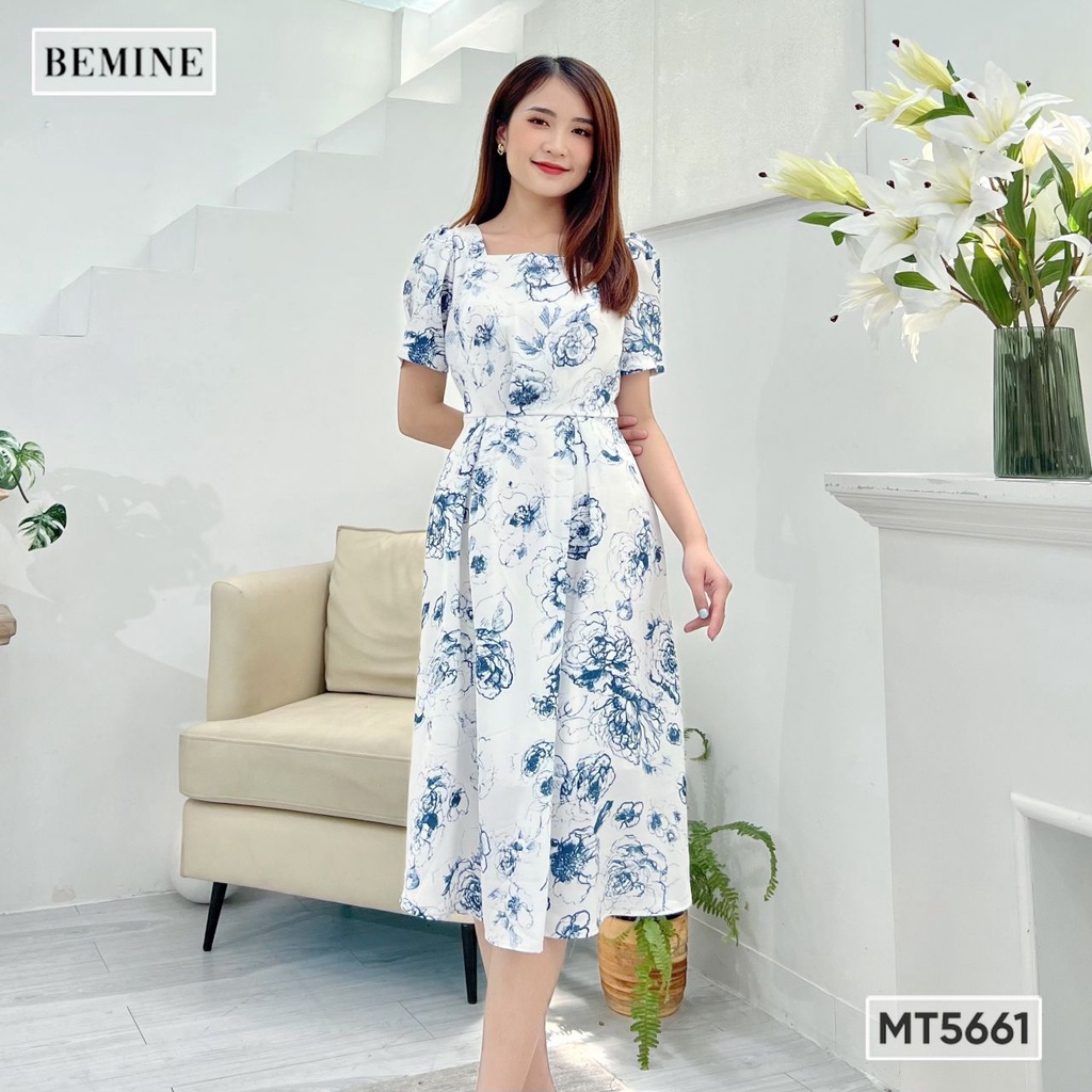 Đầm cổ vuông eo xếp li BEMINE MT5661