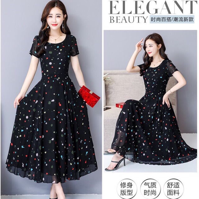 Đầm dự tiệc ĐẦM MAXI ĐEN CHẤM BI