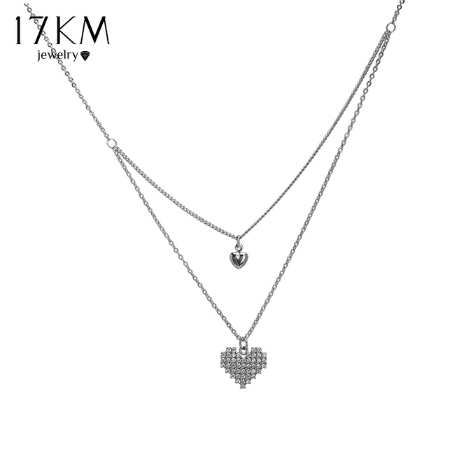 Vòng cổ 17KM thiết kế hai lớp mạ bạc mặt trái tim đính đá thanh lịch cho nữ