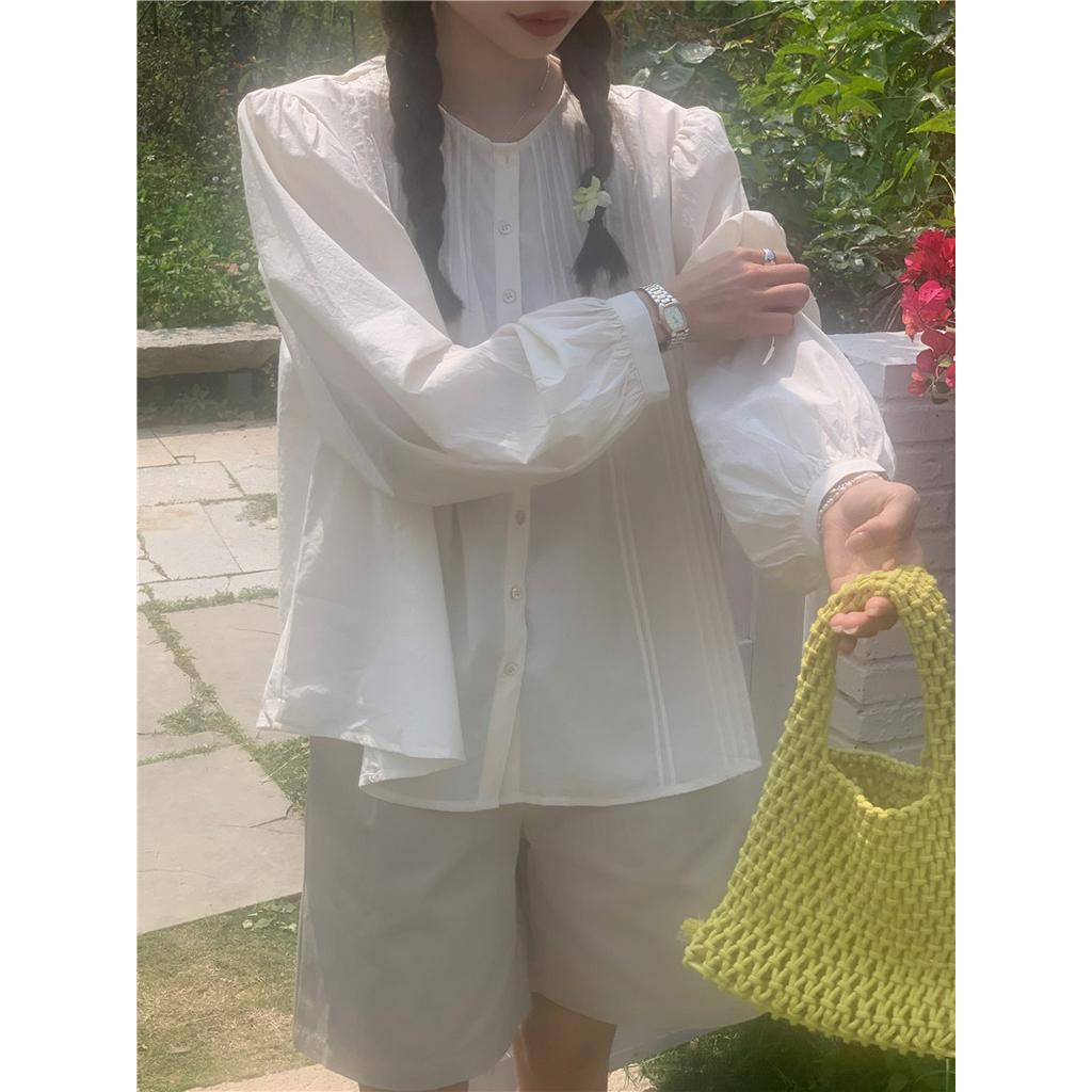 Áo Sơ Mi Dài Tay Cổ Tròn Dáng Rộng Màu Sắc Đơn Giản 61914