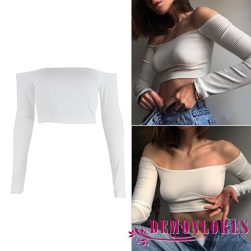 Áo Croptop Tay Dài Hở Vai Màu Sắc Thời Trang Dành Cho Nữ