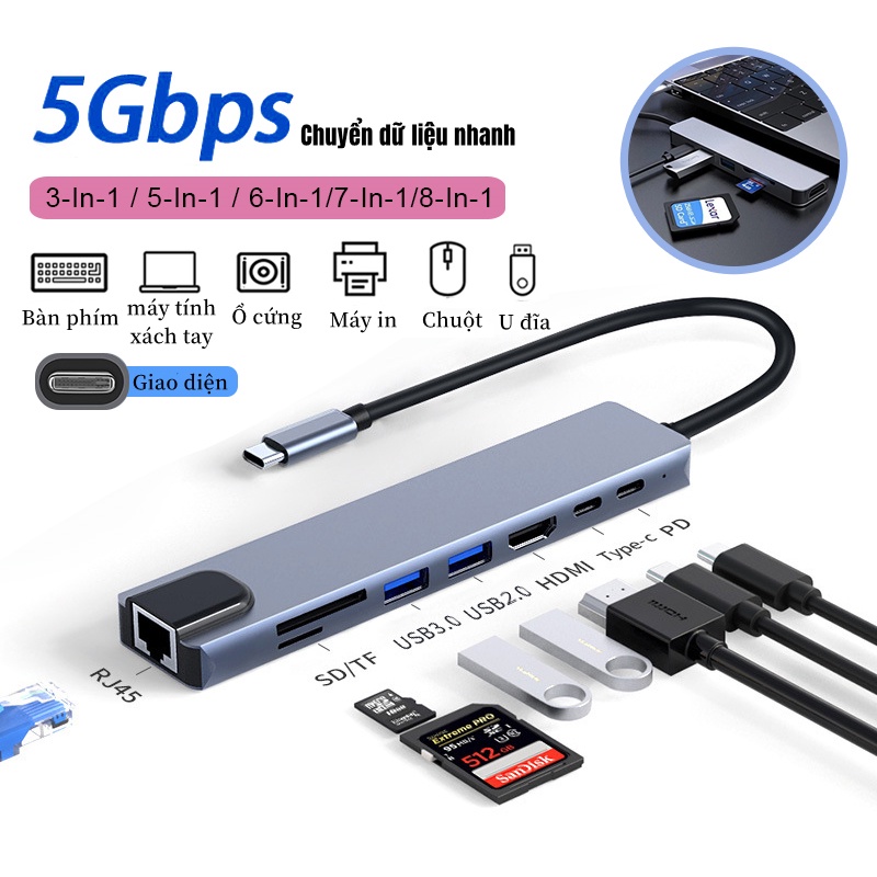 HUB Type C 8in1, Bộ chia cổng Hub USB,HUB USB 3.0,đa năng 8 Cổng,dùng với HDMI,USB 3.0,SD,TF,RJ45,PD Type-C cho Laptop