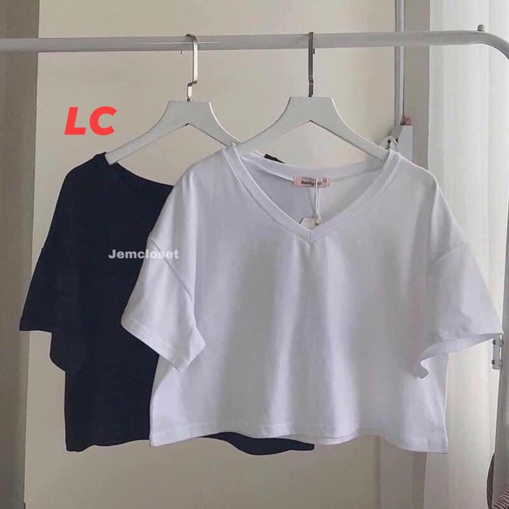 Croptop Cổ Tim Cộc Tay Basic Nữ ♥ Áo thun trơn tay lỡ hở bụng cổ V 2 màu ĐEN | TRẮNG Ulzzang SIÊU HOT ♥