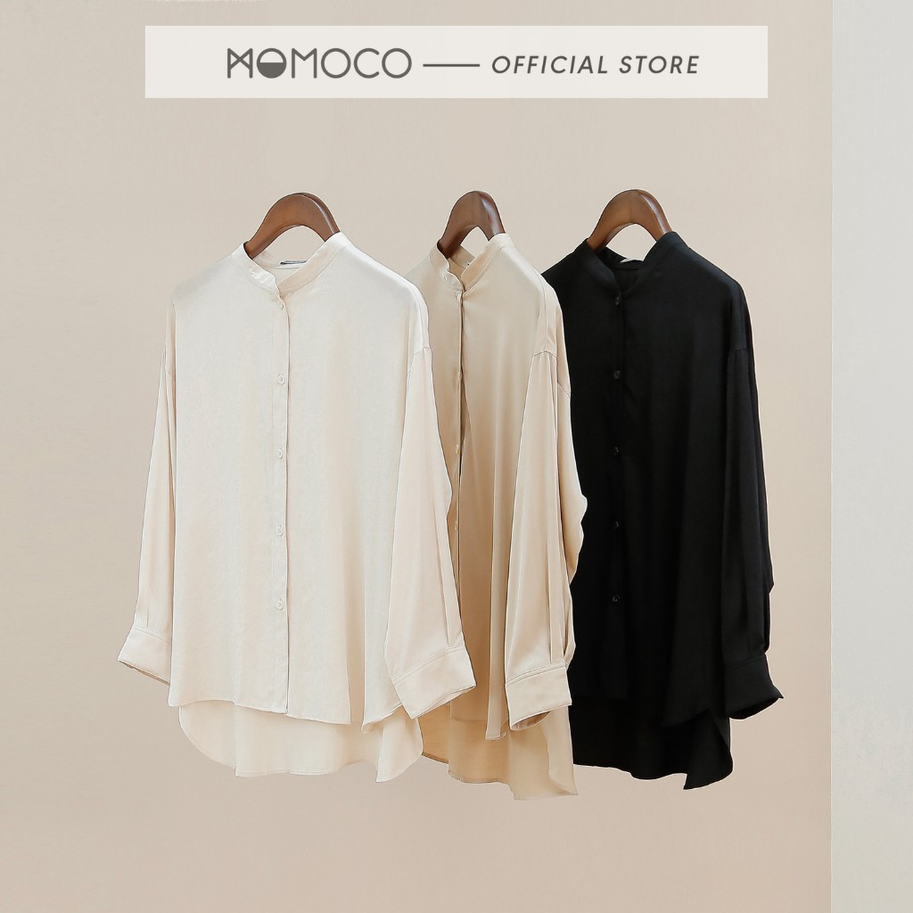 Áo Sơ Mi Cổ Tàu Tay Lỡ MOMOCO ESSENTIALS Chất Lụa Stand Collar Shirt - M2772 | BigBuy360 - bigbuy360.vn