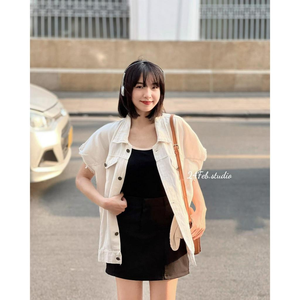 Áo khoác gile kaki tay vát phong cách vintage Hàn Quốc
