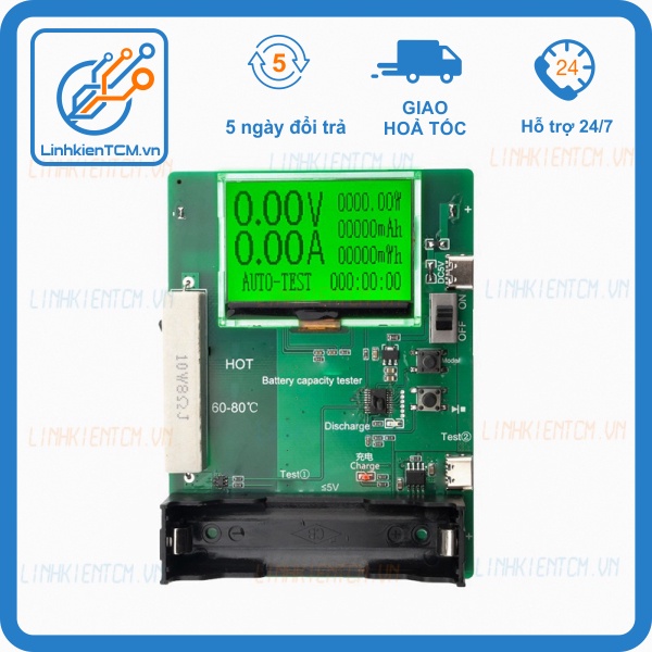 Mạch kiểm tra dung lượng pin 18650 có màn hình LCD Có khay cắm pin chế độ test tự động
