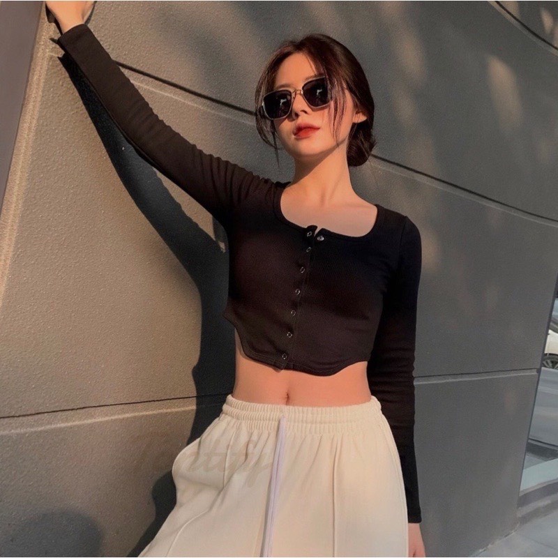 Áo croptop nữ  dài tay vạt bầu phối cúc dọc vải thun tăm co giãn Bingshop freeship