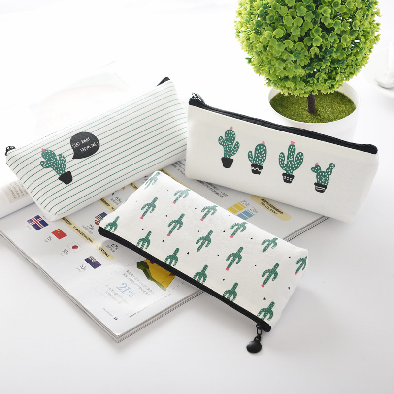 Túi Đựng Bút Bằng Vải Canvas In Họa Tiết Xương Rồng Xinh Xắn