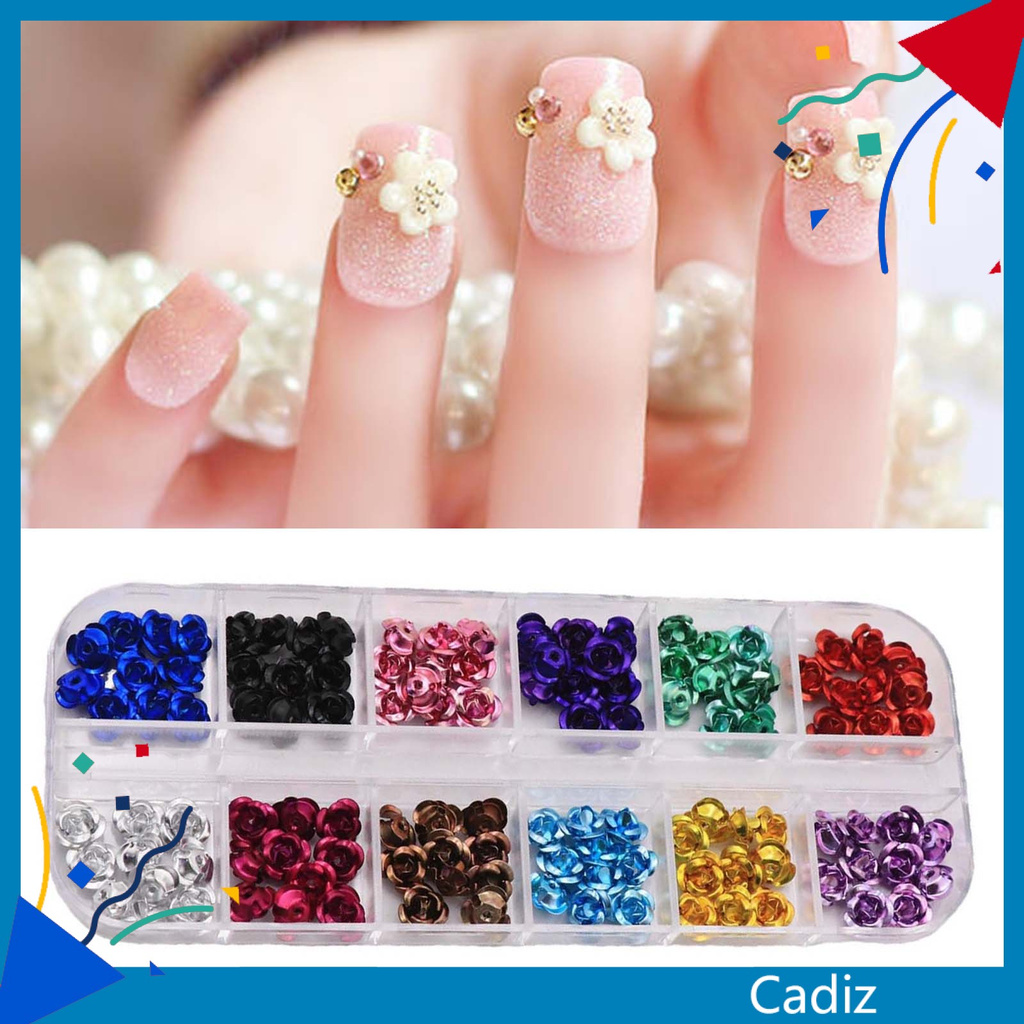 [Hàng mới về] Hộp Phụ Kiện Hạt Trang Trí Móng Tay Họa Tiết Hoa 3D Bằng Kim Loại