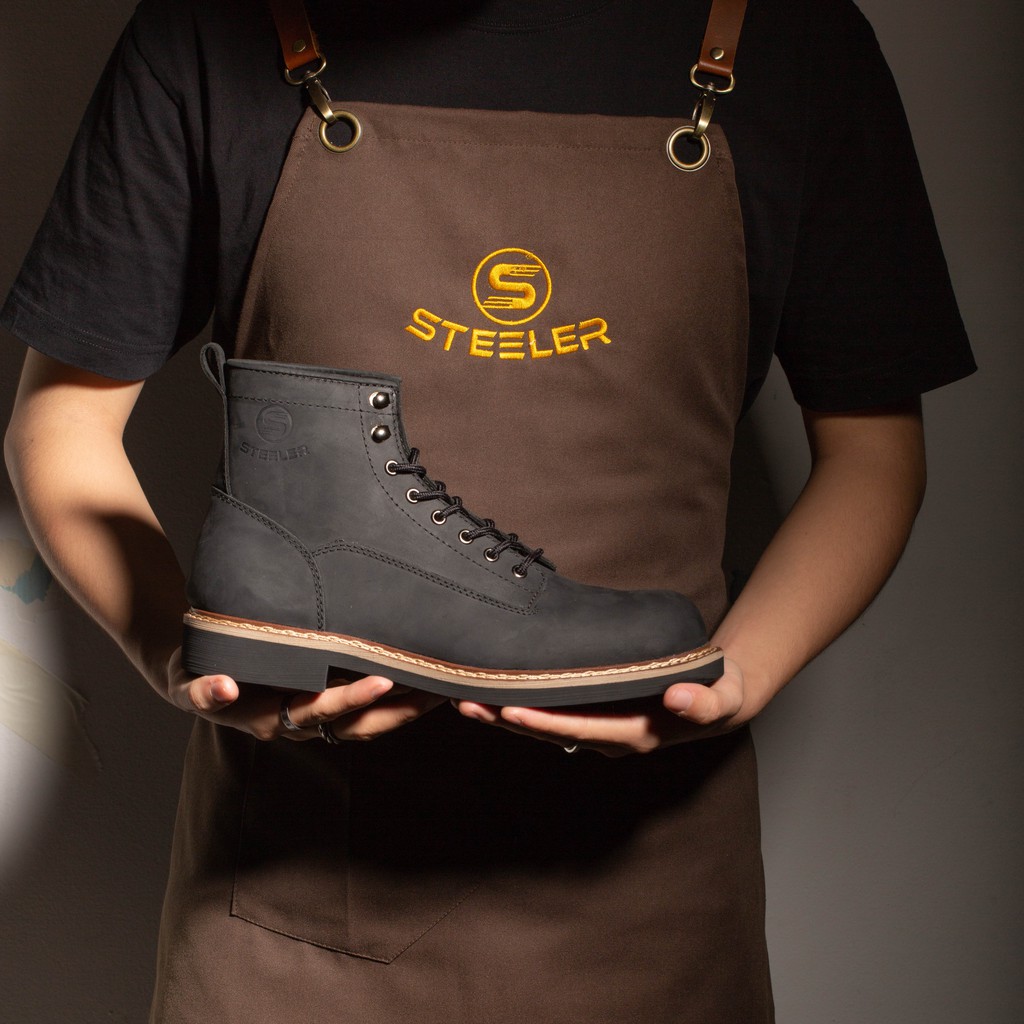 Giày boot nam da bò sáp cao cấp cổ cao . LINEMAN ĐEN SÁP - STEELER , đế khâu , phong cách workwear