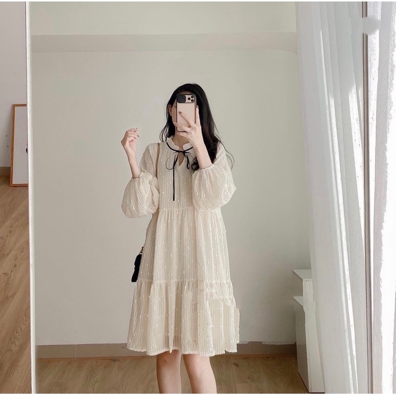 Váy babydoll cổ nơ HẠT GẠO NỔI siêu tiểu thư (hàng sẵn)