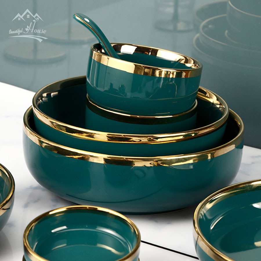 [LẺ CHI TIẾT] Bộ Bát, Đĩa Sứ Màu Xanh Cổ Vịt - Sứ Cẩm Thạch Viền Vàng 24k Sang Trọng