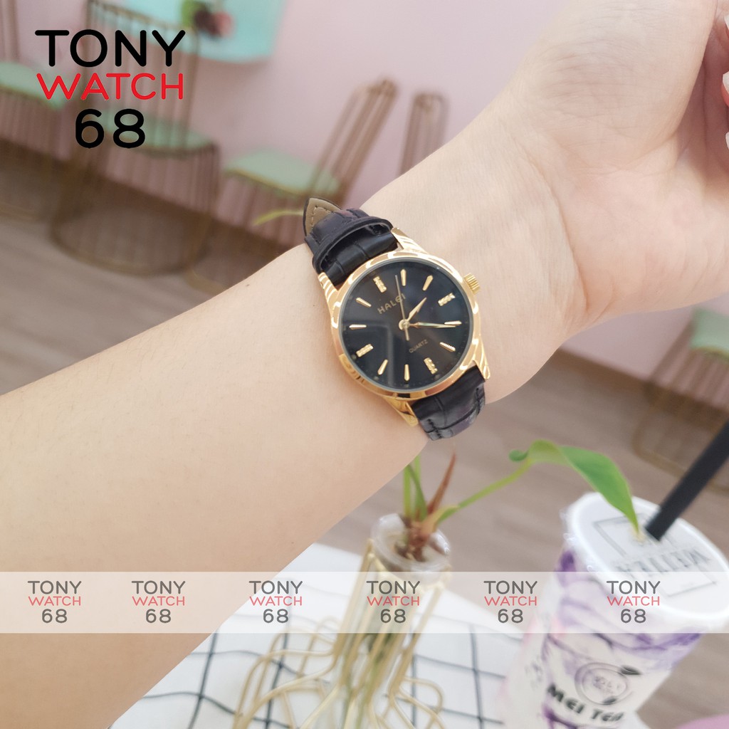 Đồng hồ cặp đôi nam nữ Halei dây da nâu viền mạ vàng chống nước tuyệt đối | BigBuy360 - bigbuy360.vn