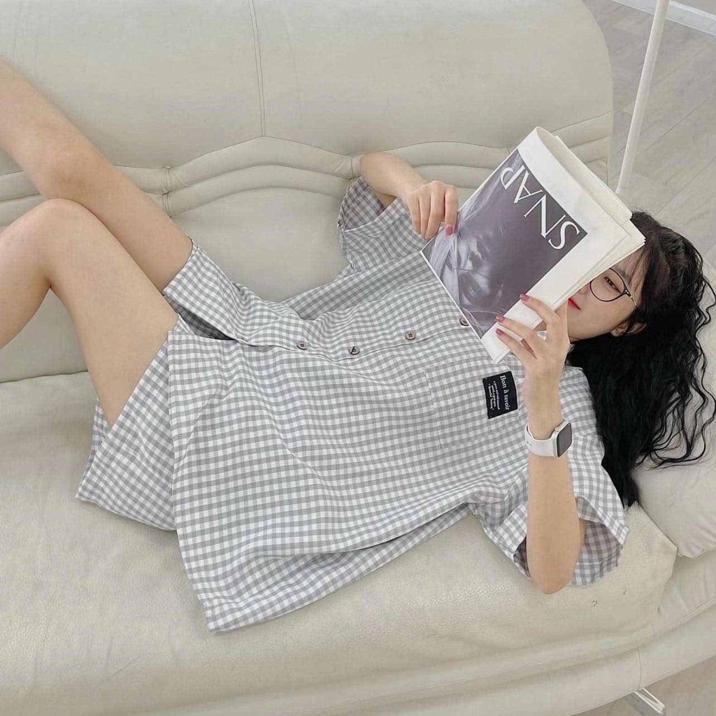 Bộ quần short áo sơ mi kẻ caro GUAR , set bộ đi chơi nữ form rộng thoải mái 8131