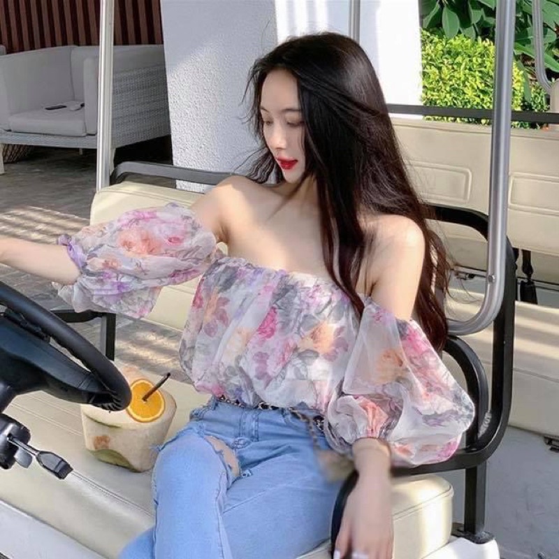 Áo trễ vai croptop kiểu nữ tay lỡ voan hoa tiểu thư hai lớp - Order taobao quảng châu