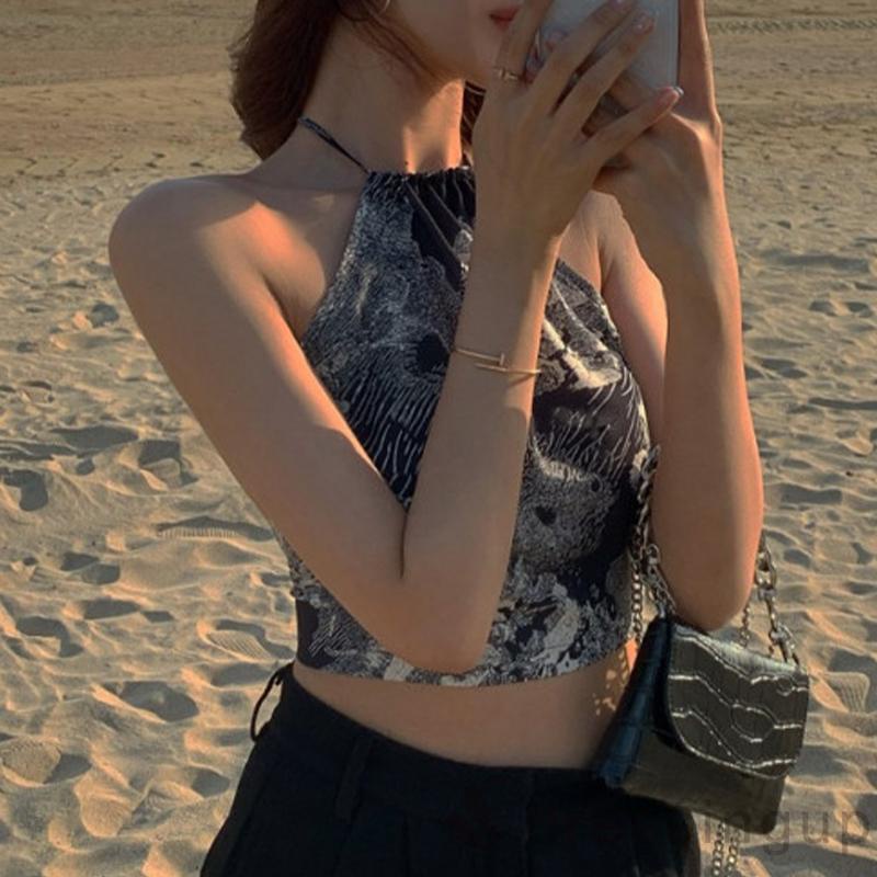 DRE-Women´s Summer Sleeveless Vest, Pattern Printed Hanging Neck Tank Tops