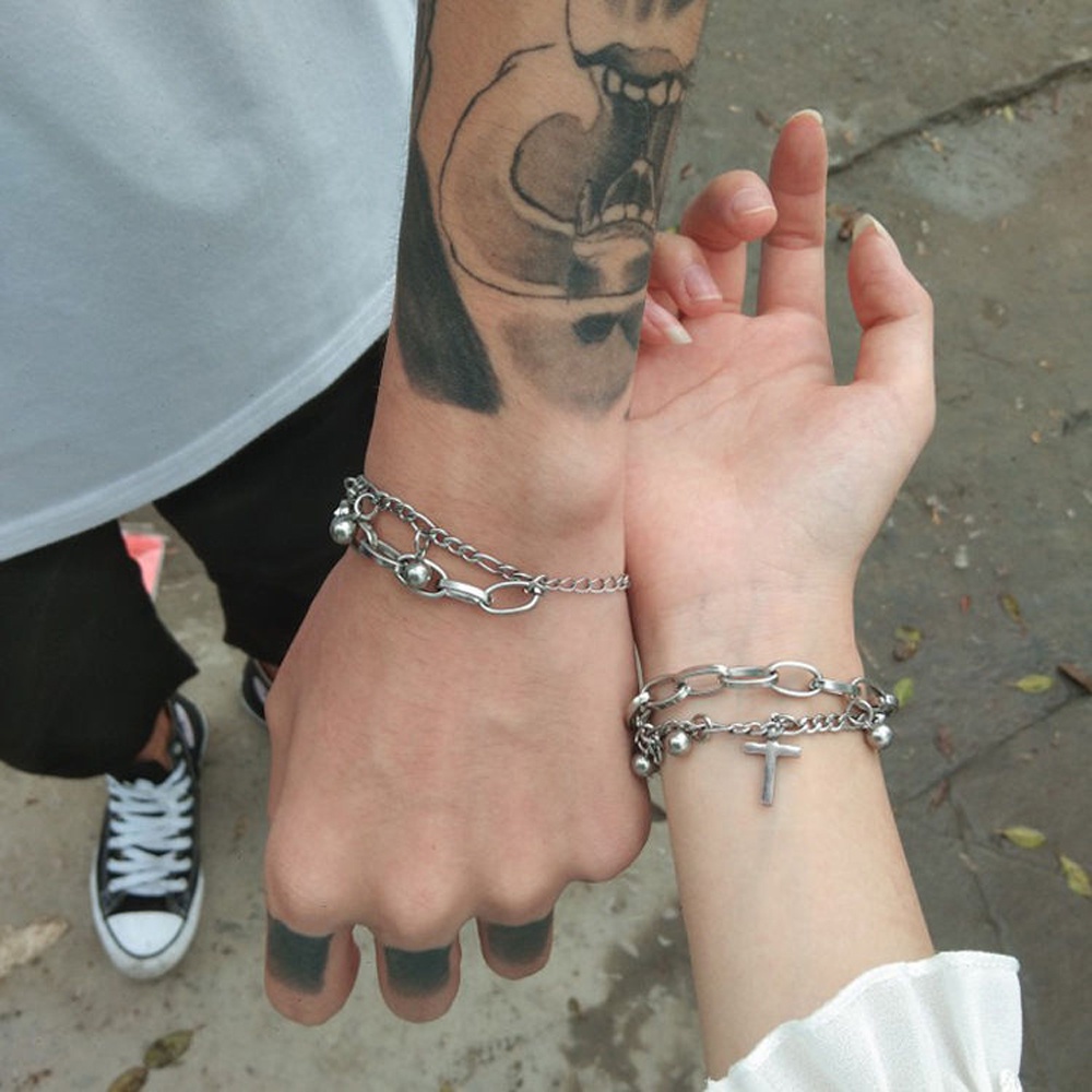 Vòng tay hai lớp xỏ hạt hình chữ thập trái tim phong cách punk hip hop thời trang cho nữ