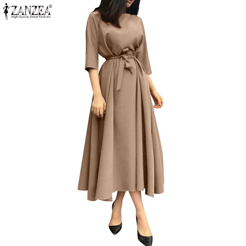 Đầm midi ZANZEA dáng chữ a tay lửng phối thắt lưng thời trang đường phố châu Âu cho nữ