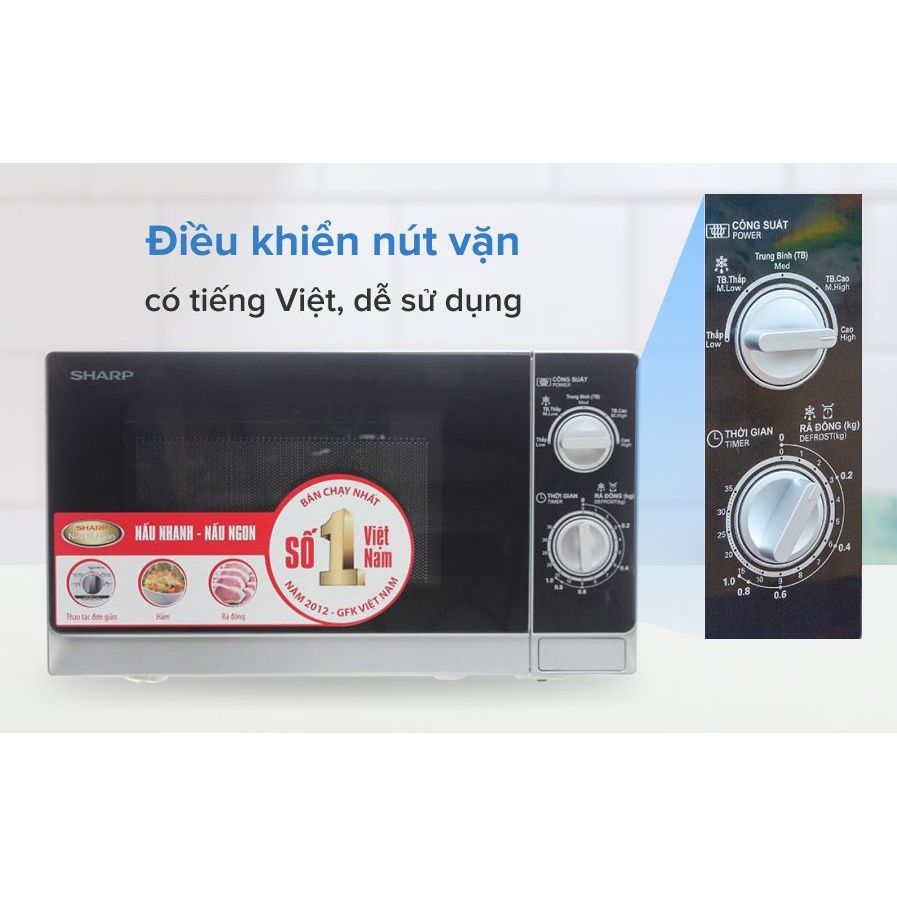 Lò vi sóng Sharp R-205VN(S) 20 lít-Chính hãng 100%-Công suất 800W 3 chức năng: rã đông, hâm, nấu-Bảo Hành 12 Tháng
