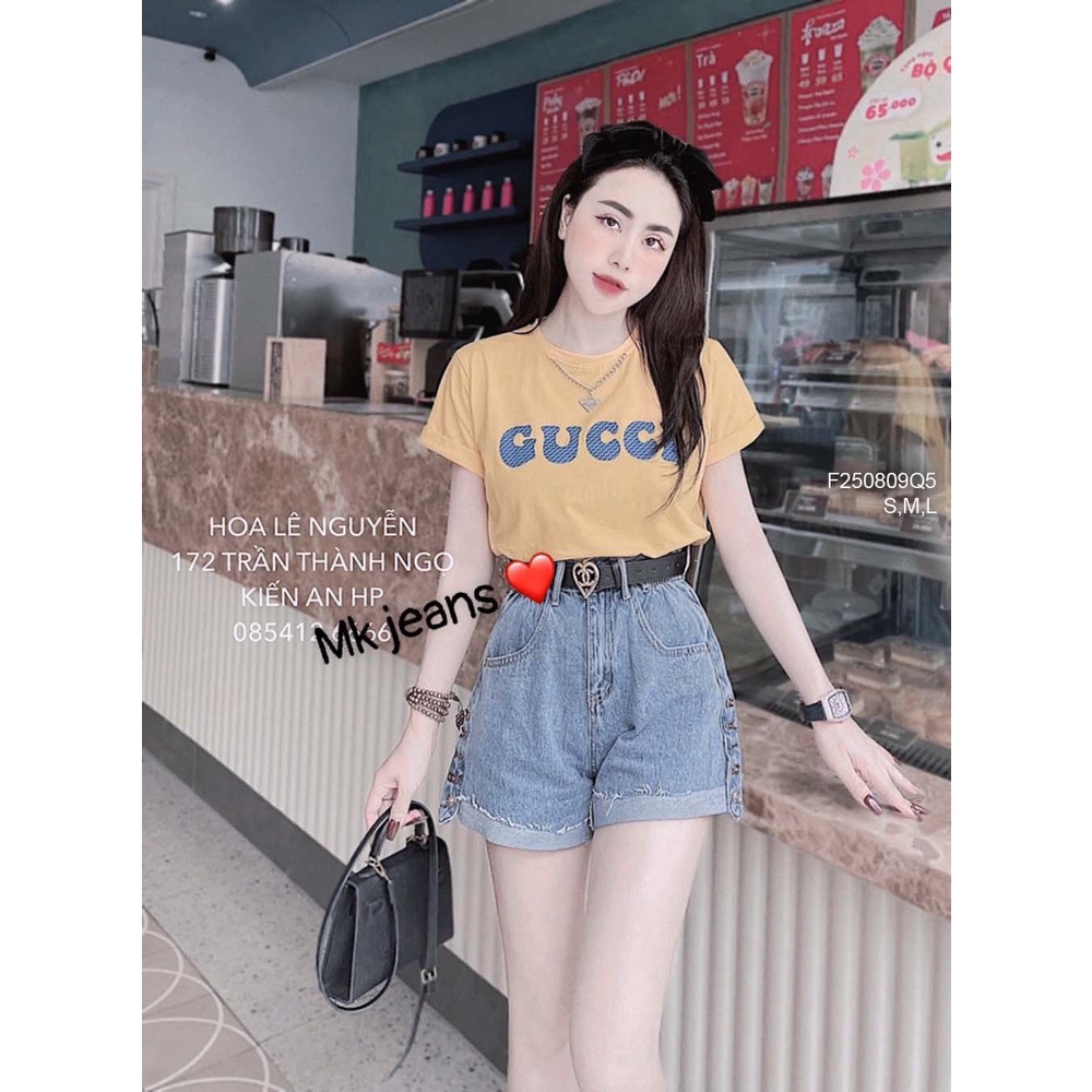 Quần short jean thêu chữ lưng cao!