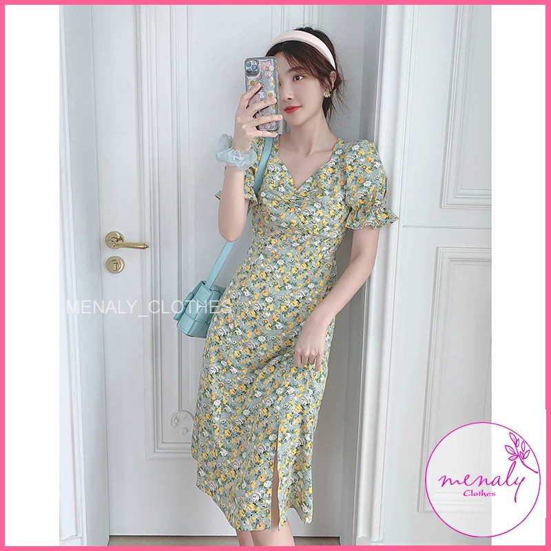 Váy vintage tiểu thư dáng dài V010 2 lop, mẫu váy cổ vuông tay bồng xẻ tà dáng maxi nổi bật, họa tiết chấm bi