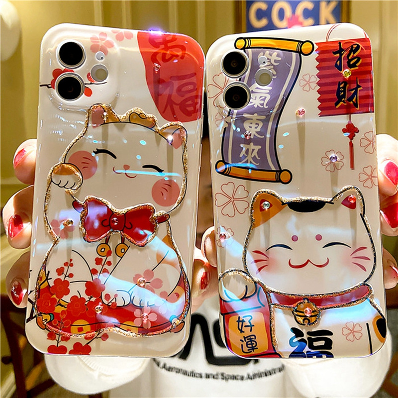 Phù Hợp Ốp Điện Thoại Họa Tiết Mèo May Mắn Phong Cách Trung Hoa Cho iPhone13 i12 i11 XR XS Pro Max SE2 i7 i8