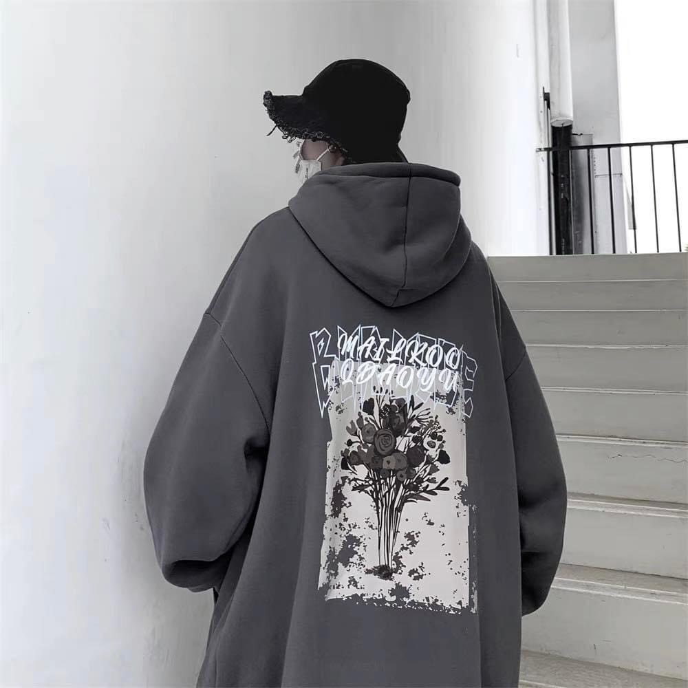 Hoodie Hoa Hồng Tay Bồng Dáng Rộng Mũ To Nam Nữ Unisex Basic Form To Hot Trned