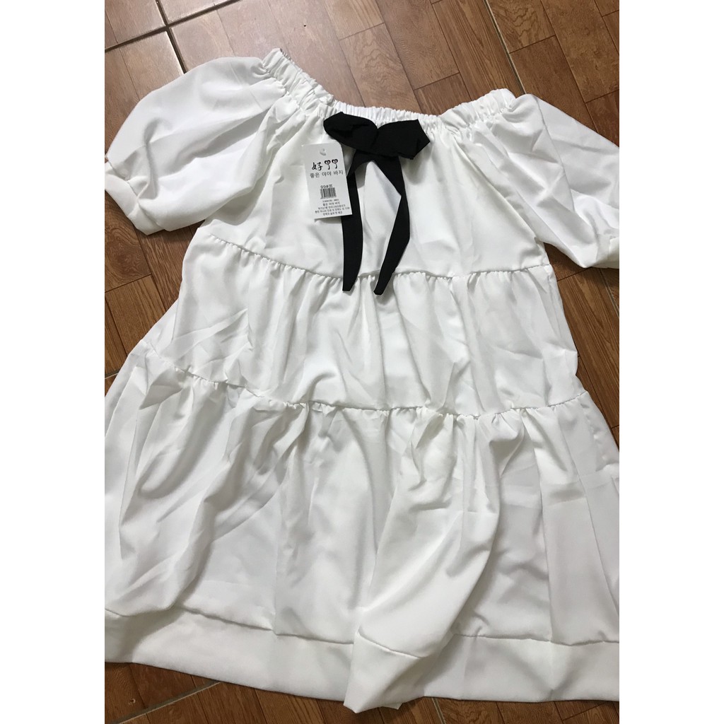 Váy trắng trễ vai babydoll thắt nơ đen mặc được 2 kiểu (ảnh thật cuối)