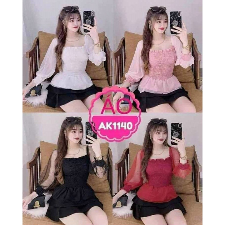 Áo Von Kiểu Mới Cổ Vuông Sâu Nhún Ngực Phối Hai Tay Dài Trong Suốt Cute TTSLA0685