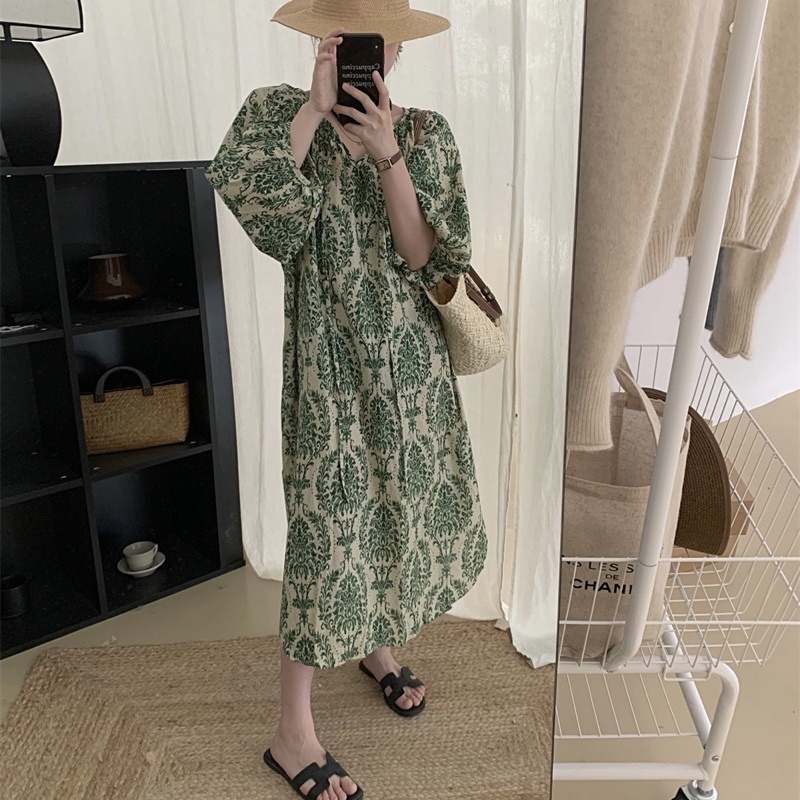 Đầm Suông Hoạ Tiết Tay Phồng Váy Suông Dáng Dài Thời Trang Thanh Lịch
