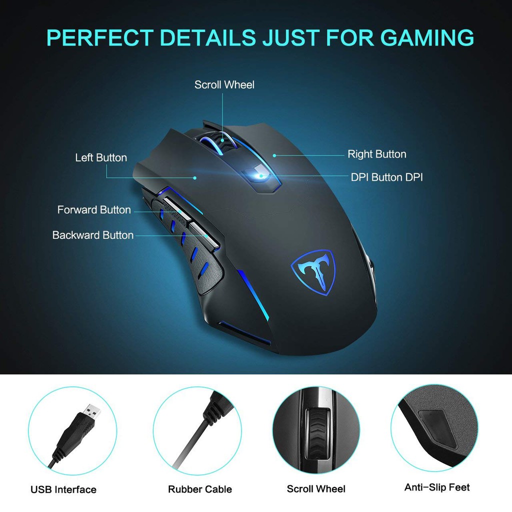 Chuột chơi game văn phòng cao cấp USB PICTEK T9 có dây 3200 DPI 6 nút cho máy tính PC Laptop