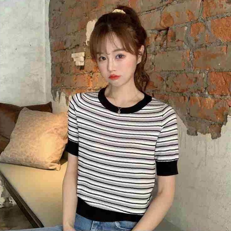 Áo thun NZN tay ngắn cổ tròn dáng rộng họa tiết kẻ sọc nhiều màu thời trang mùa hè cho nữ