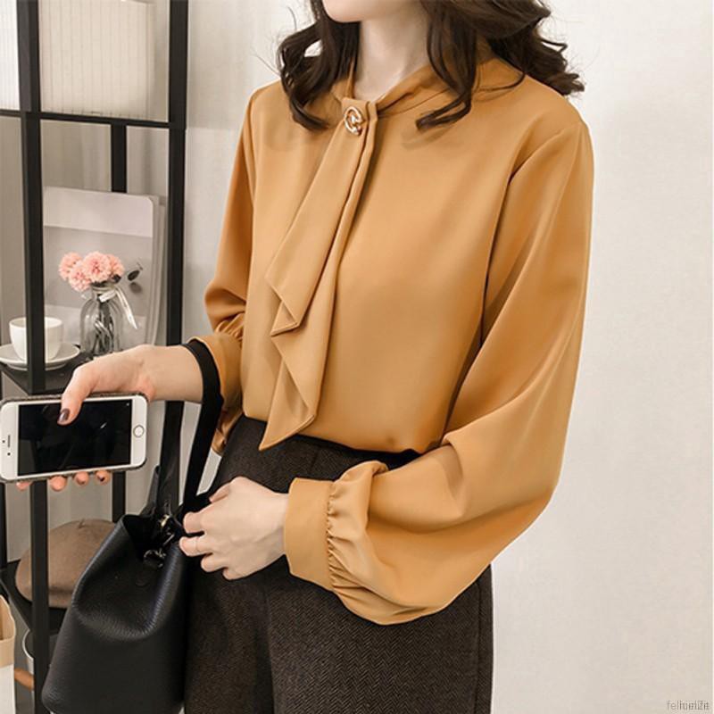 Women Loose Summer Sweet Solid Color Lantern Sleeve Stand Collar Bottoming Blouse