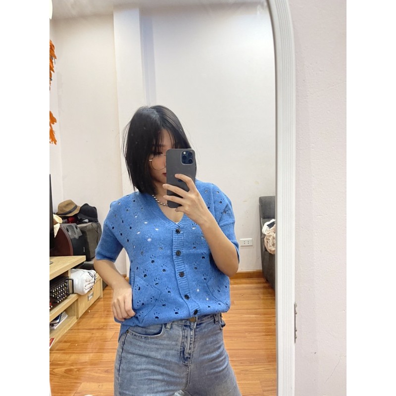 [SẴN-ẢNH THẬT] Áo khoác len cảdigan tay ngắn bo giả xắn tay túi chéo