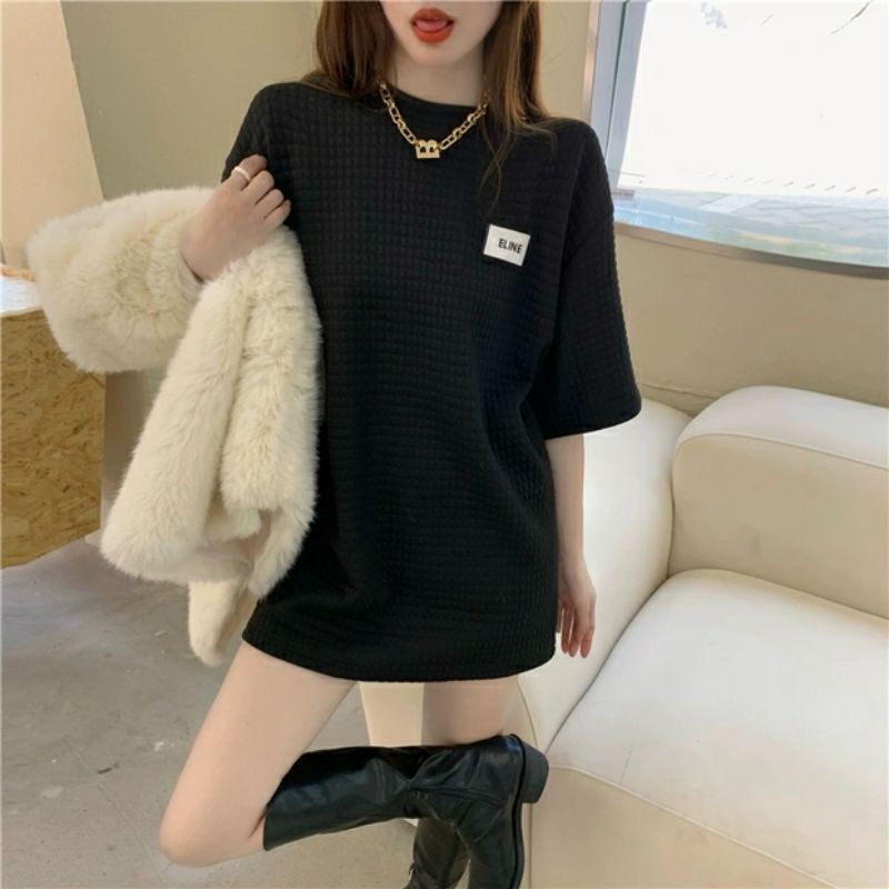 áo thun nữ tay ngắn kẻ sọc họa tiết đáy rộng hoang dã phong cách hàn quốc