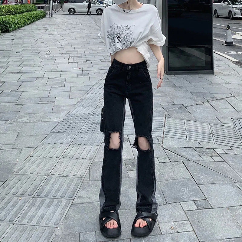 JSC Quần Jeans Lưng Cao Thiết Kế Xẻ Rách Phong Cách Đường Phố Mới