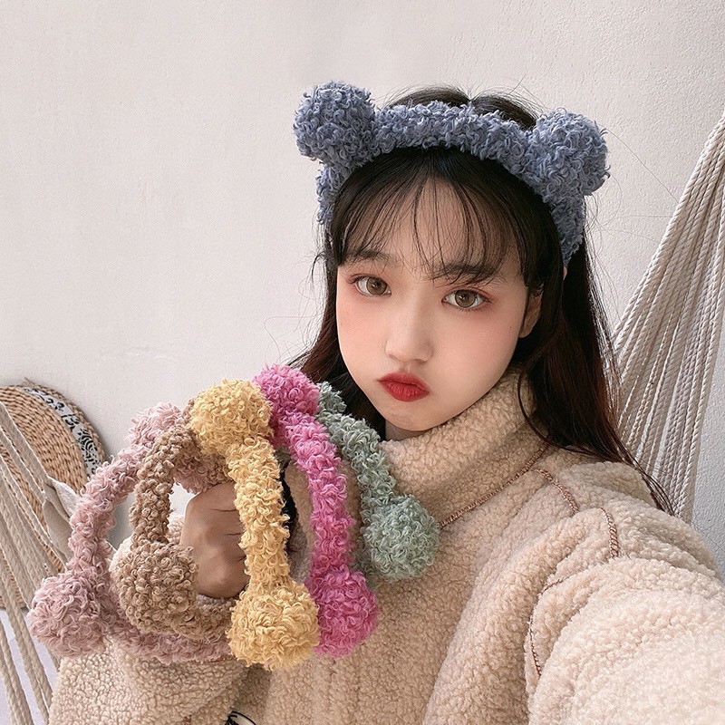 Bờm cài tóc tai gấu phối lông cừu thời trang nữ Hàn Quốc, Băng đô tai gấu cài tóc rửa mặt xinh xắn