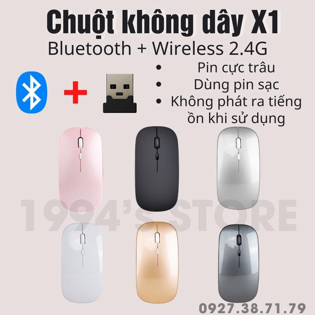 (CÓ SẴN) Chuột Không Dây X1 Bluetooth 5.1 và Wireless 2.4G Nhỏ Gọn, Nhẹ, Dùng Pin Sạc, Không Âm Thanh