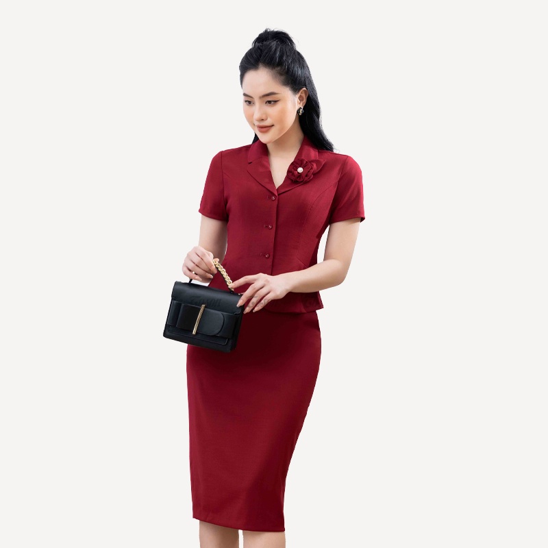 Bộ đồ Công sở, đũi Nhật đỏ đô: Áo ký giả cổ K + chân váy ôm Toson B1352D52