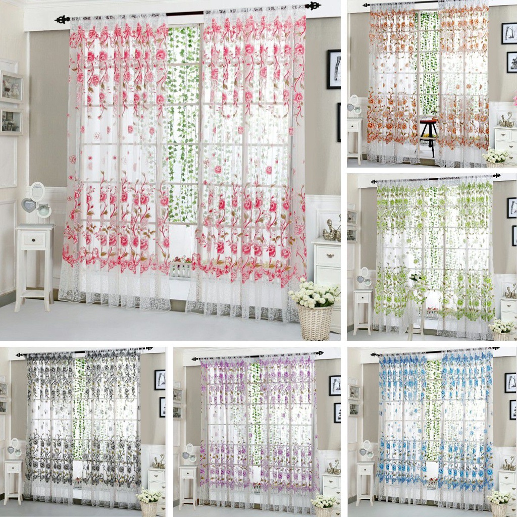1 Rèm cửa sổ Vải Tuyn In Hoa Mẫu Đơn Trang Trí Nhà Cửa