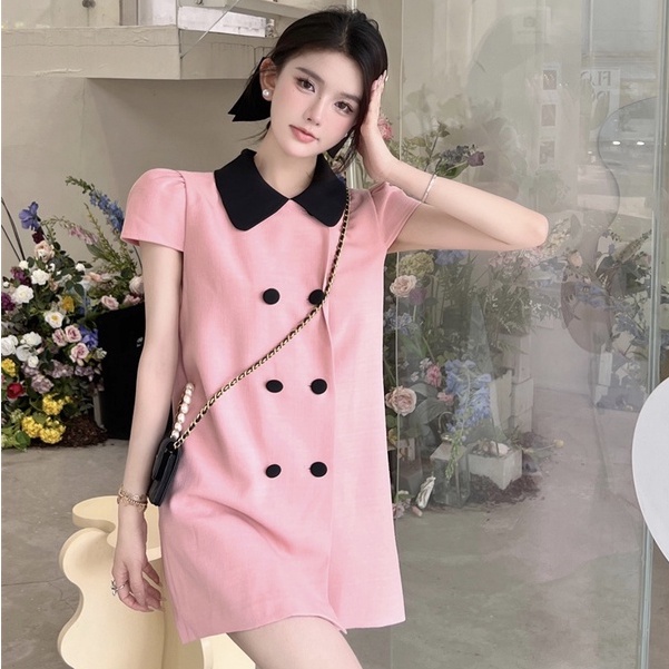 Đầm Nữ Ngắn Tay Ôm Dáng Hai Hàng Nút Cài Màu Sắc Tương Phản Phong Cách Pháp