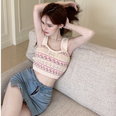 Áo Hai Dây Dệt Kim Họa Tiết Hoa Quyến Rũ Thời Trang Hàn Quốc Cho Nữ