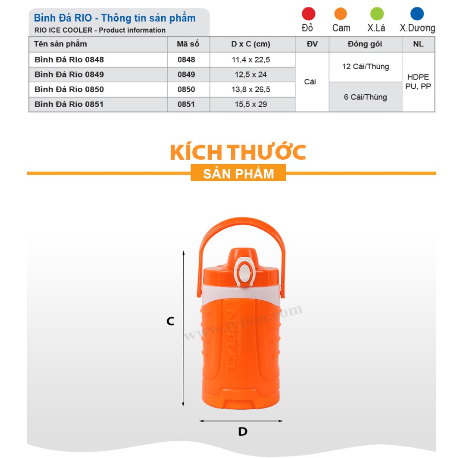 Bình đá giữ nhiệt có quai xách Rio, dung tích 1l - 1.5l - 2l - 3l, nhựa pp, pu chính phẩm an toàn thương hiệu Tý Liên