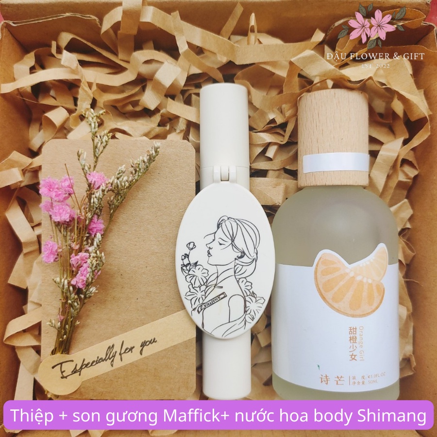 Set quà tặng sinh nhật, bạn gái gồm nước hoa body mist, son gương, thiệp