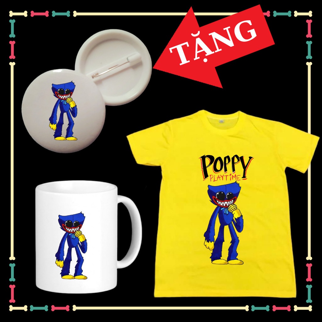 Combo Ly sứ  Huggy Wuggy- Áo thun Huggy Wuggy Poppy Playtime cho trẻ em Tặng Huy Hiệu Huggy Wuggy Có size áo người lớn