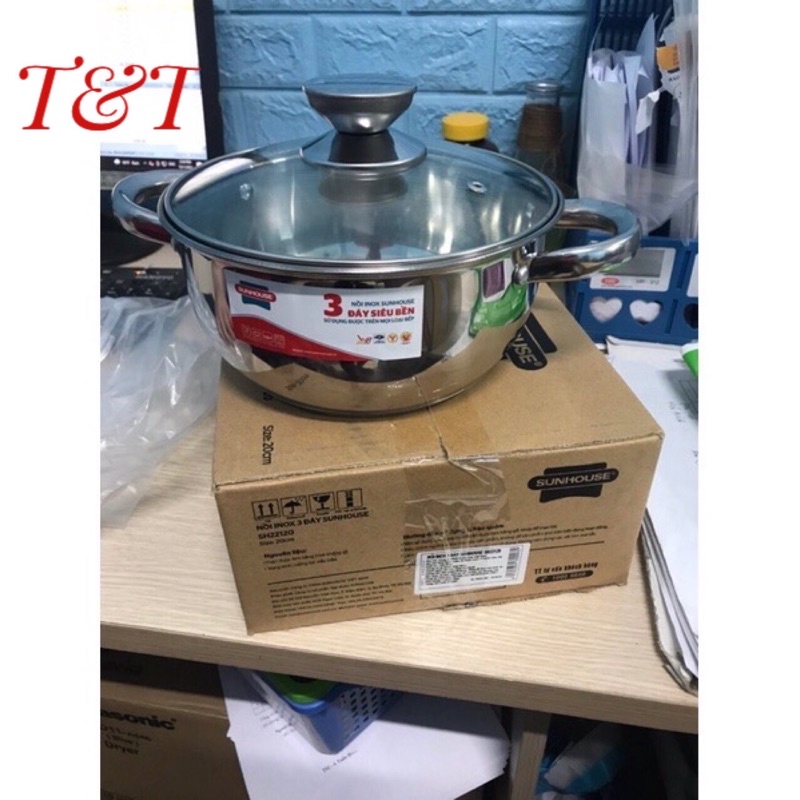 Nồi inox 3 đáy sunhouse  20cm vung kính ,inox