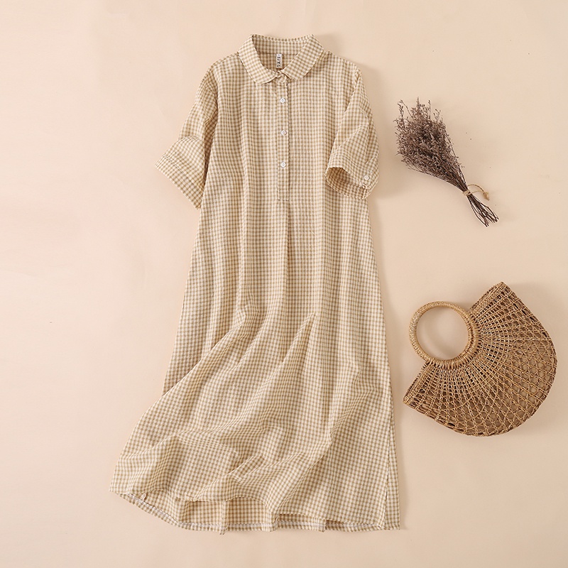 Đầm Chữ A Vải Lanh Cotton Tay Ngắn Cổ Bẻ Cài Nút Họa Tiết Sọc Caro Thời Trang Mùa Hè Cho Nữ