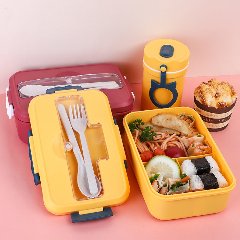 (Có Giấy Công Bố) Bộ Hộp Đựng Cơm Giữ Nhiệt Chia 3 Ngăn Bento Cute - Cốc Canh - Túi Ăn Trưa Văn Phòng - Cà Mèn Thìa Đũa