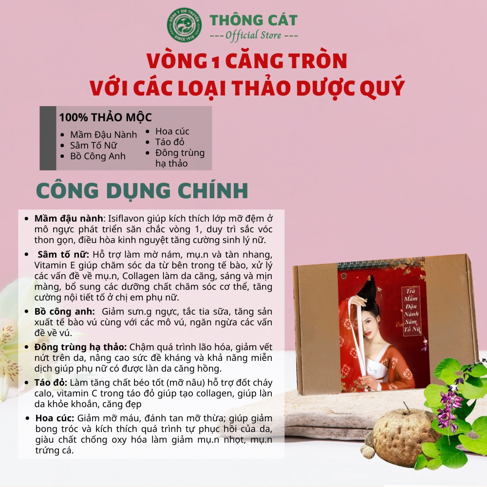 Trà giúp tăng vòng 1 sản sinh collagen, tăng nội tiết tố, chống lão hóa - Trà Mầm Đậu Nành, Sâm Tố Nữ Thông Cát