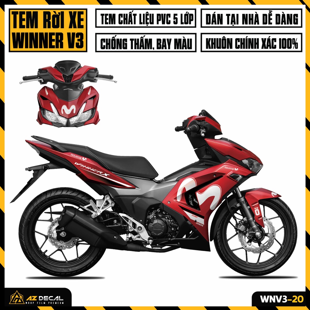 Tem Movistar Dán Winner V3 - Winner X 2022 | WNV3-20 | Decal Chế Cao Cấp, Cắt Khuôn Sẵn Dễ Dán Cho Xe Đen Đỏ Trắng Xám